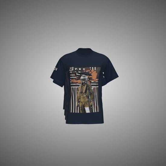 Navy blue t-shirt with graphic design on a gray background