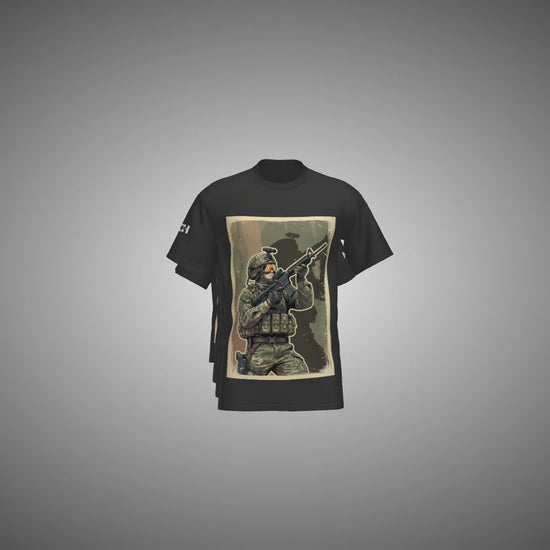 Black t-shirts with military-themed graphic designs