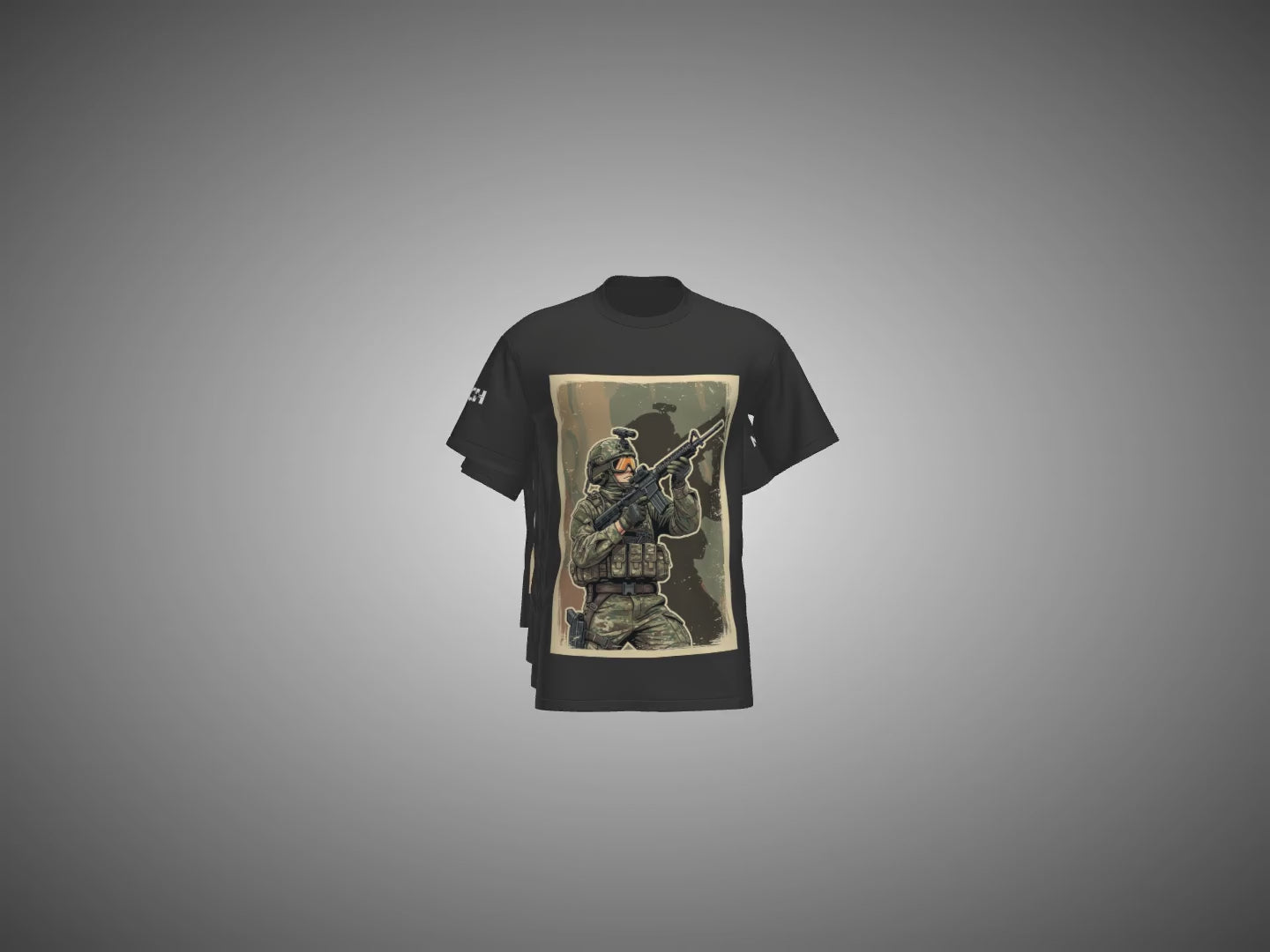 Black t-shirts with military-themed graphic designs