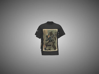 Black t-shirts with military-themed graphic designs