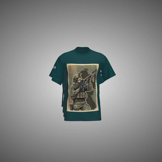 Petrol Blue T-shirts with military-themed graphic designs