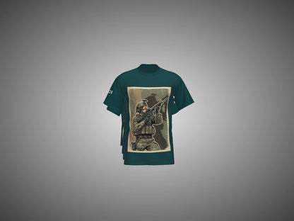 Petrol Blue T-shirts with military-themed graphic designs