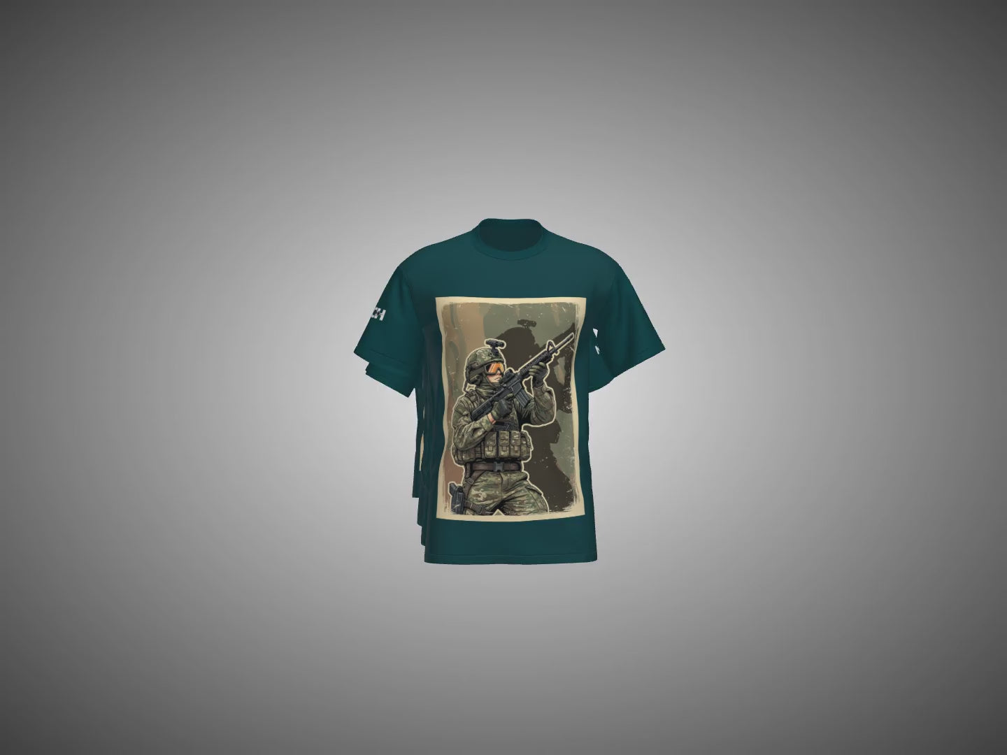 Petrol Blue T-shirts with military-themed graphic designs