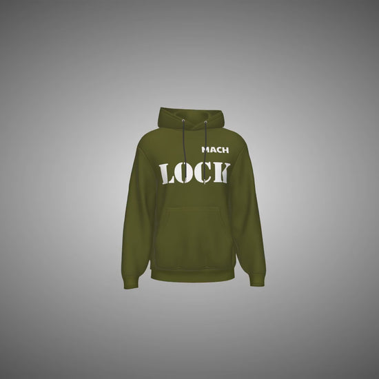 Olive Green hoodie with 'MACH LOCK' text on a gray background