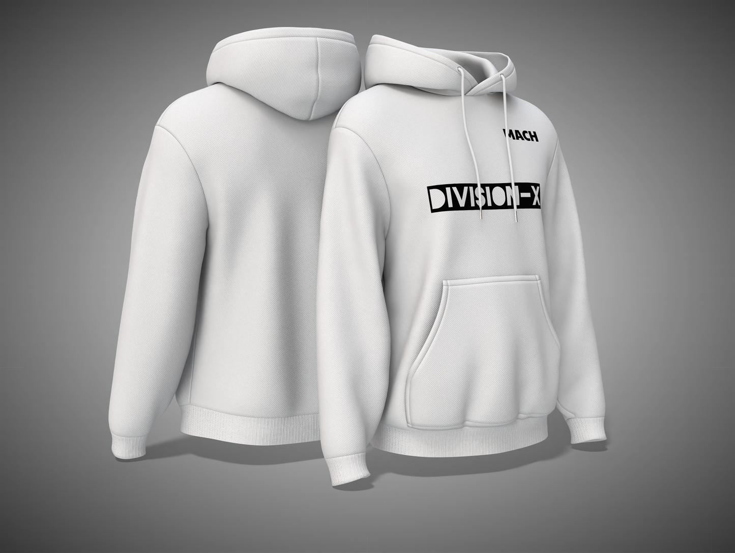 White hoodie with 'Division-X' logo on a gray background