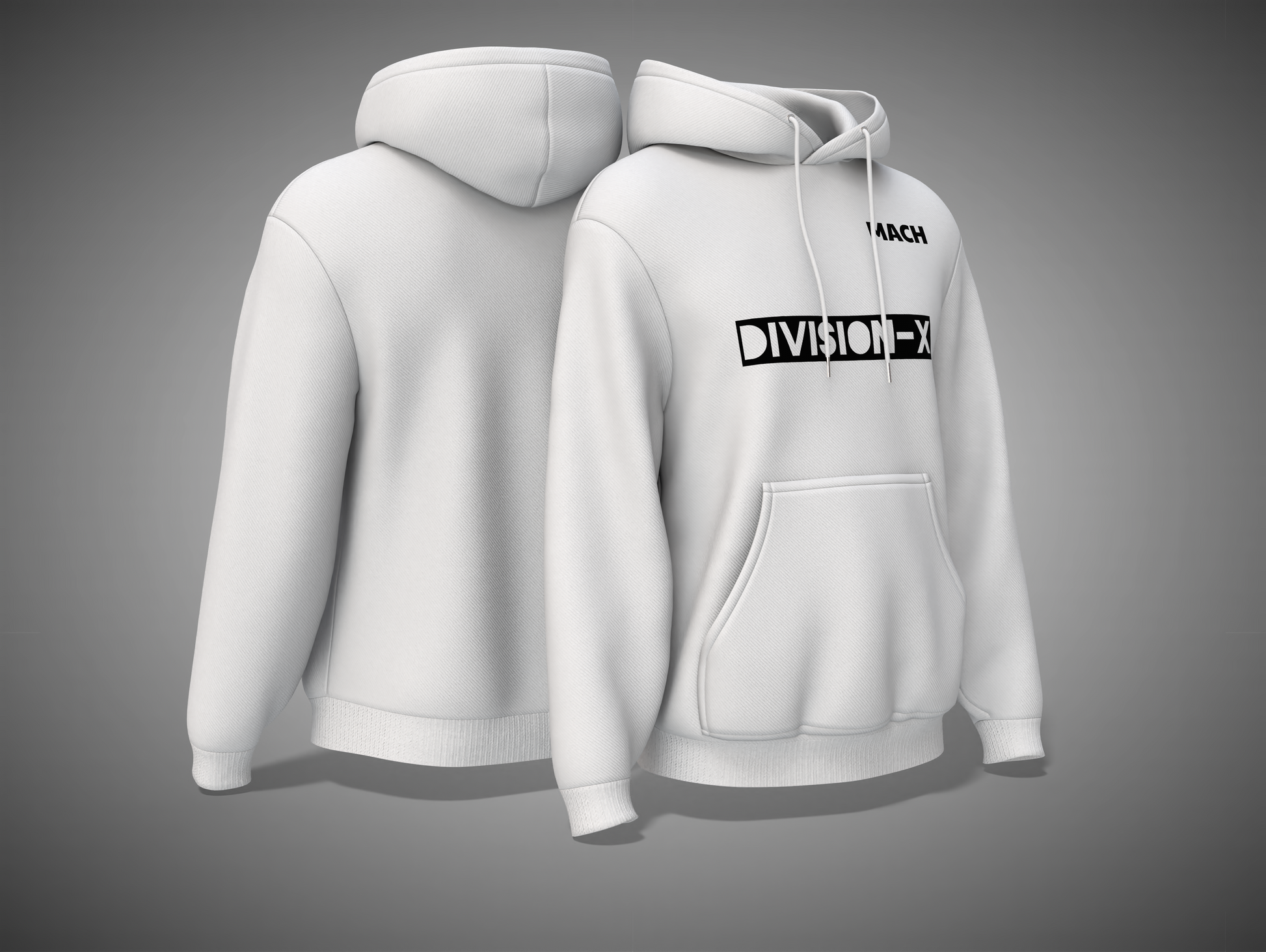 White hoodie with 'Division-X' logo on a gray background