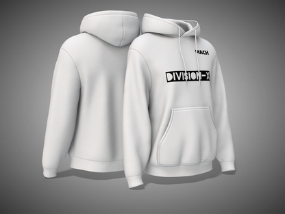 White hoodie with 'Division-X' logo on a gray background